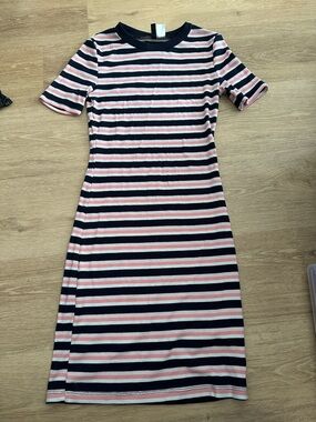 Striped Pink and Navy Short-Sleeve Knit Dress